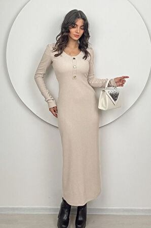 Mira Kadın Uzun Kollu V Yaka Düğmeli Taş Slim Fit Triko Elbise