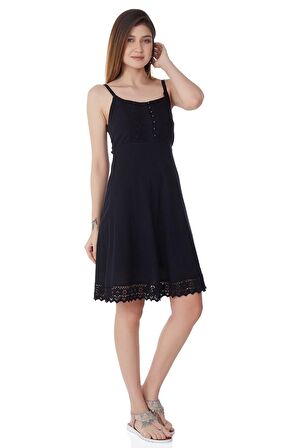 Askılı Şile Bezi Eda Kısa Elbise Siyah