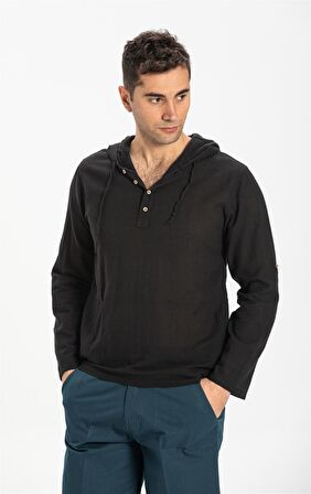 Kapüşonlu Şile Bezi Erkek Sweatshirt Siyah