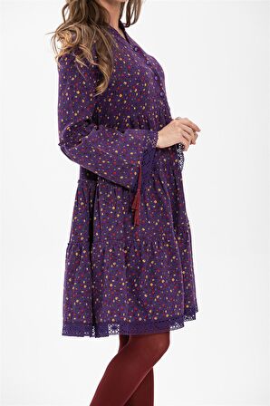 Uzun Kol Pazen Seçil Kısa Elbise Çıtır Desen Mor