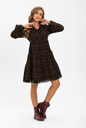 Seçil Pazen Kısa Elbise Çıtır Desen Siyah