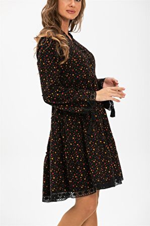 Seçil Pazen Kısa Elbise Çıtır Desen Siyah