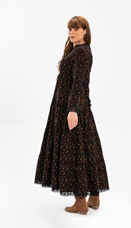 Seçil Pazen Uzun Elbise Çıtır Desen Siyah