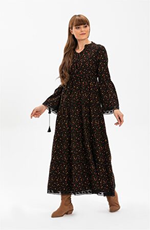 Seçil Pazen Uzun Elbise Çıtır Desen Siyah