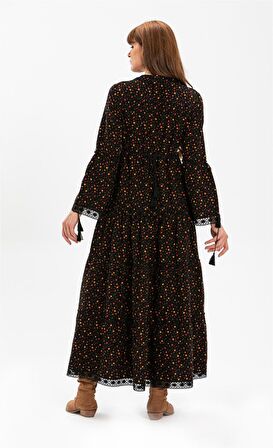 Seçil Pazen Uzun Elbise Çıtır Desen Siyah