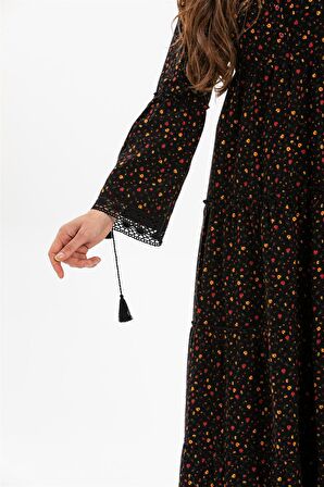 Seçil Pazen Uzun Elbise Çıtır Desen Siyah