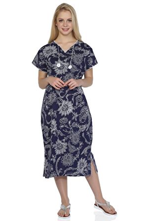 Kısa Kol Şile Bezi Baskılı Midi Boy Elbise Çınar D