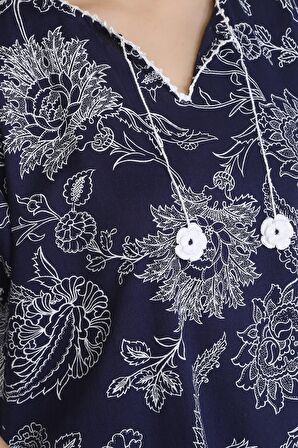 Kısa Kol Şile Bezi Baskılı Midi Boy Elbise Çınar D