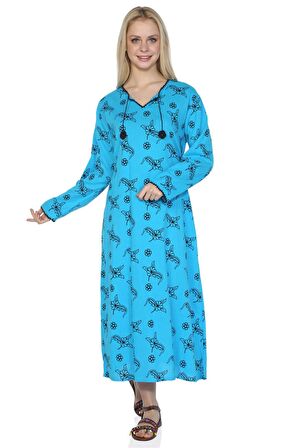 Uzun Kol Şile Bezi Baskılı Uzun Elbise Serpme Dese