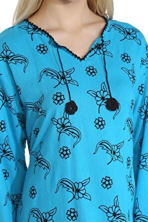 Uzun Kol Şile Bezi Baskılı Uzun Elbise Serpme Dese