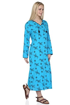 Uzun Kol Şile Bezi Baskılı Uzun Elbise Serpme Dese