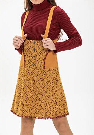 Salopet Pazen Kısa Etek Çıtır Desen Hardal