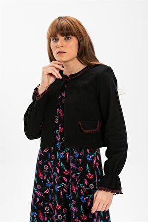 Kolsuz Pazen Selen Uzun Elbise Çini Desen Siyah