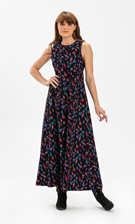 Kolsuz Pazen Selen Uzun Elbise Çini Desen Siyah