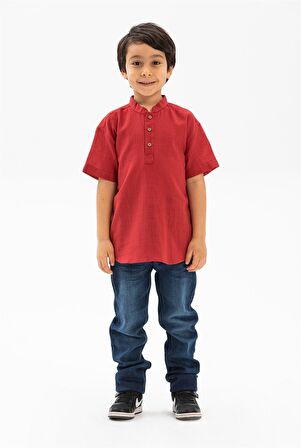 Kısa Kol Şile Bezi Bodrum Erkek Çocuk Tshirt Kırmı