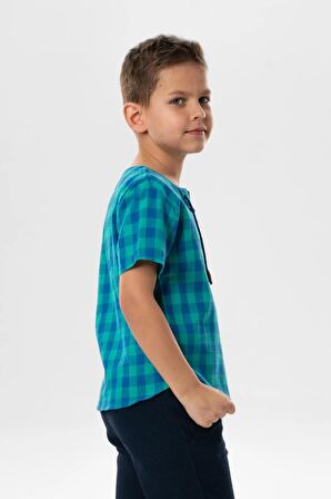 Kısa Kol Şile Bezi Zımbalı Yazlık Erkek Çocuk Tshirt Mint Kareli 3033