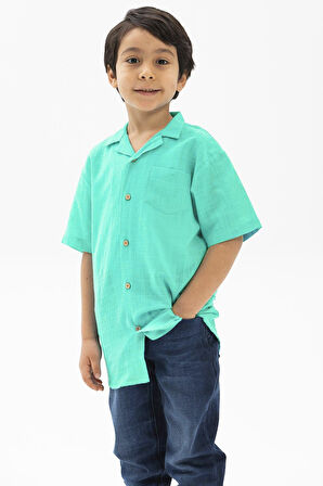 Kısa Kol Şile Bezi Tek Cepli Erkek Yazlık Çocuk Gömlek Su Yeşili 3047