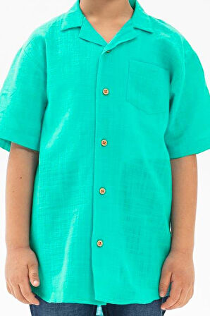 Kısa Kol Şile Bezi Tek Cepli Erkek Yazlık Çocuk Gömlek Su Yeşili 3047
