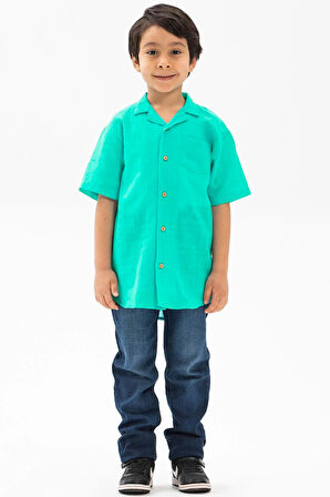 Kısa Kol Şile Bezi Tek Cepli Erkek Yazlık Çocuk Gömlek Su Yeşili 3047