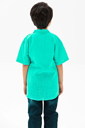 Kısa Kol Şile Bezi Tek Cepli Erkek Yazlık Çocuk Gömlek Su Yeşili 3047