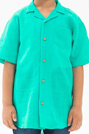 Kısa Kol Şile Bezi Tek Cepli Erkek Yazlık Çocuk Gömlek Su Yeşili 3047