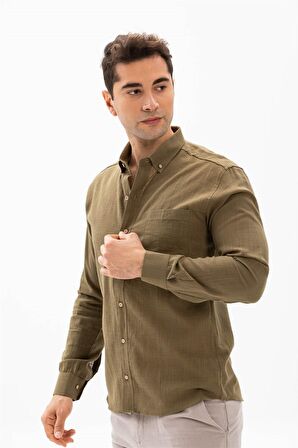 Uzun Kol Dar Kalıp Şile Bezi Erkek Gömlek Haki 304