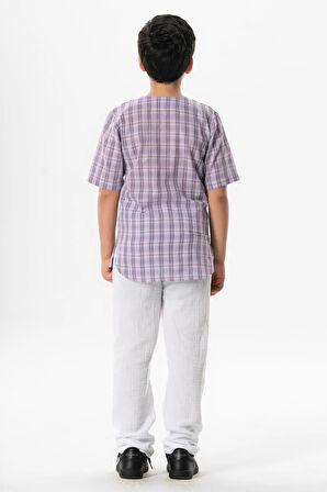 Kısa Kol Şile Bezi Zımbalı Yazlık Erkek Çocuk Tshirt Lila Ekose 3036