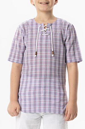 Kısa Kol Şile Bezi Zımbalı Yazlık Erkek Çocuk Tshirt Lila Ekose 3036