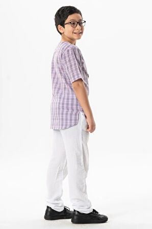 Kısa Kol Şile Bezi Zımbalı Yazlık Erkek Çocuk Tshirt Lila Ekose 3036