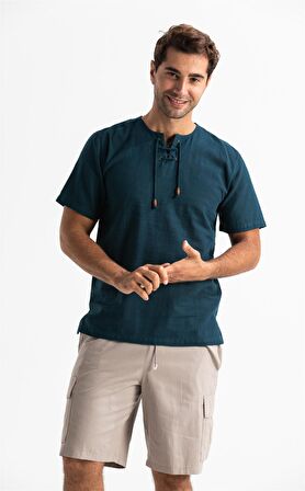 Kısa Kol Şile Bezi Zımbalı Erkek Tshirt Koyu Petrol 3069