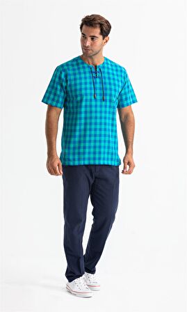 Kısa Kol Şile Bezi Zımbalı Erkek Tshirt Mint Kareli 3033