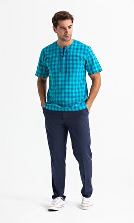 Kısa Kol Şile Bezi Zımbalı Erkek Tshirt Mint Kareli 3033