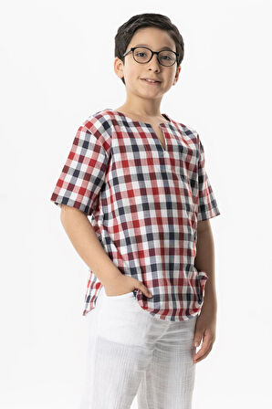 Kısa Kol Şile Bezi Bisiklet Yaka Yazlık Erkek Çocuk Tshirt Kırmızı Lacivert Kareli 3008