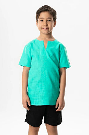 Kısa Kol Şile Bezi Bisiklet Yaka Yazlık Erkek Çocuk Tshirt Su Yeşili 3047