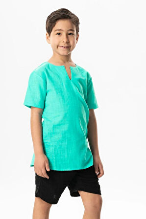 Kısa Kol Şile Bezi Bisiklet Yaka Yazlık Erkek Çocuk Tshirt Su Yeşili 3047