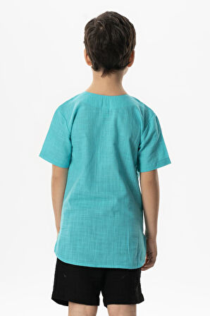 Kısa Kol Şile Bezi Bisiklet Yaka Yazlık Erkek Çocuk Tshirt Açık Turkuaz 3075