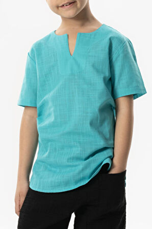 Kısa Kol Şile Bezi Bisiklet Yaka Yazlık Erkek Çocuk Tshirt Açık Turkuaz 3075