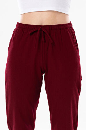 Şile Bezi Cepli Kadın Yazlık Pantolon Bordo Brd