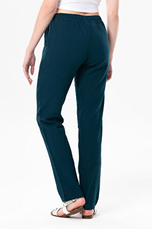 Şile Bezi Cepli Kadın Yazlık Pantolon Petrol Ptrl