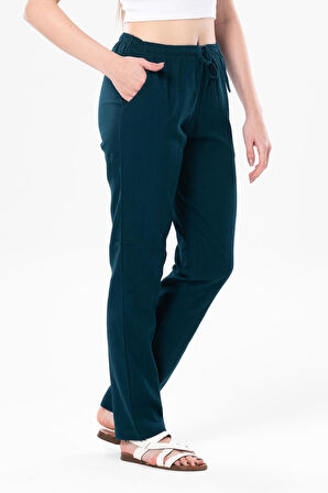 Şile Bezi Cepli Kadın Yazlık Pantolon Petrol Ptrl