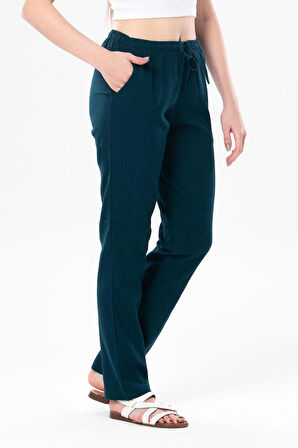 Şile Bezi Cepli Kadın Yazlık Pantolon Petrol Ptrl