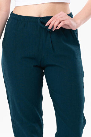 Şile Bezi Cepli Kadın Yazlık Pantolon Petrol Ptrl