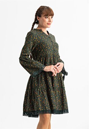 Uzun Kol Seçil Pazen Kısa Elbise Çıtır Desen Haki Hk