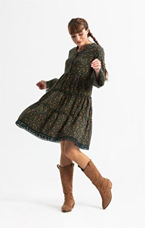 Uzun Kol Seçil Pazen Kısa Elbise Çıtır Desen Haki Hk