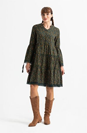 Uzun Kol Seçil Pazen Kısa Elbise Çıtır Desen Haki Hk