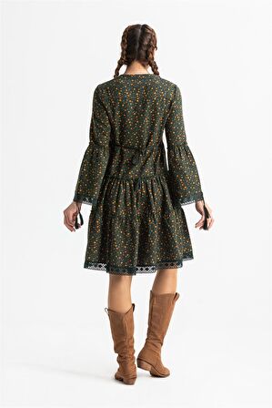 Uzun Kol Seçil Pazen Kısa Elbise Çıtır Desen Haki Hk