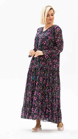 Uzun Kol Vual Gonca Elbise Tomurcuk Desen Koyu Mor