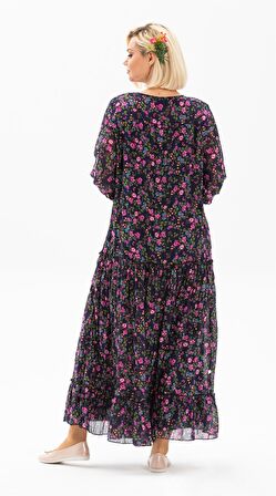 Uzun Kol Vual Gonca Elbise Tomurcuk Desen Koyu Mor