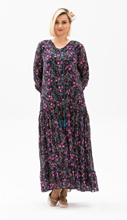 Uzun Kol Vual Gonca Elbise Tomurcuk Desen Koyu Mor