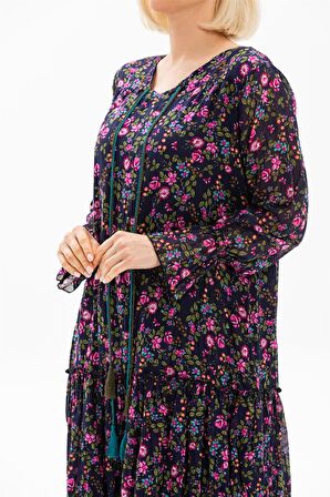 Uzun Kol Vual Gonca Elbise Tomurcuk Desen Koyu Mor